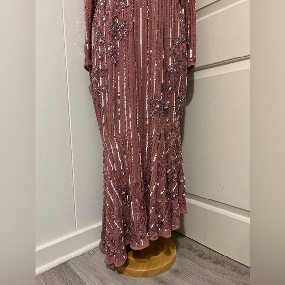 Mac Duggal $558 93627 Long Sleeve Pink Beaded Sequins Asymmetric Dress Gown - Picture 5 of 9